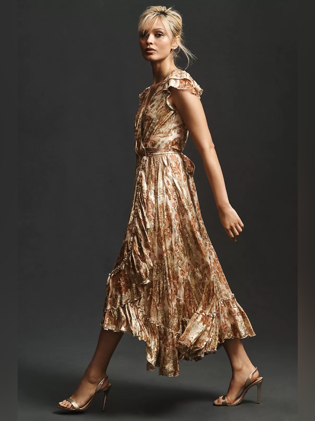 Mac Duggal V-Neck Flutter Sleeve Floral Wrap Midi Dress